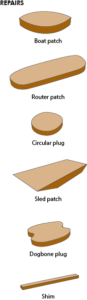 Repairs - Boat Patch, Router Patch, Circular Plug, Sled Patch, Dogbone Plug, Shim Repairs
